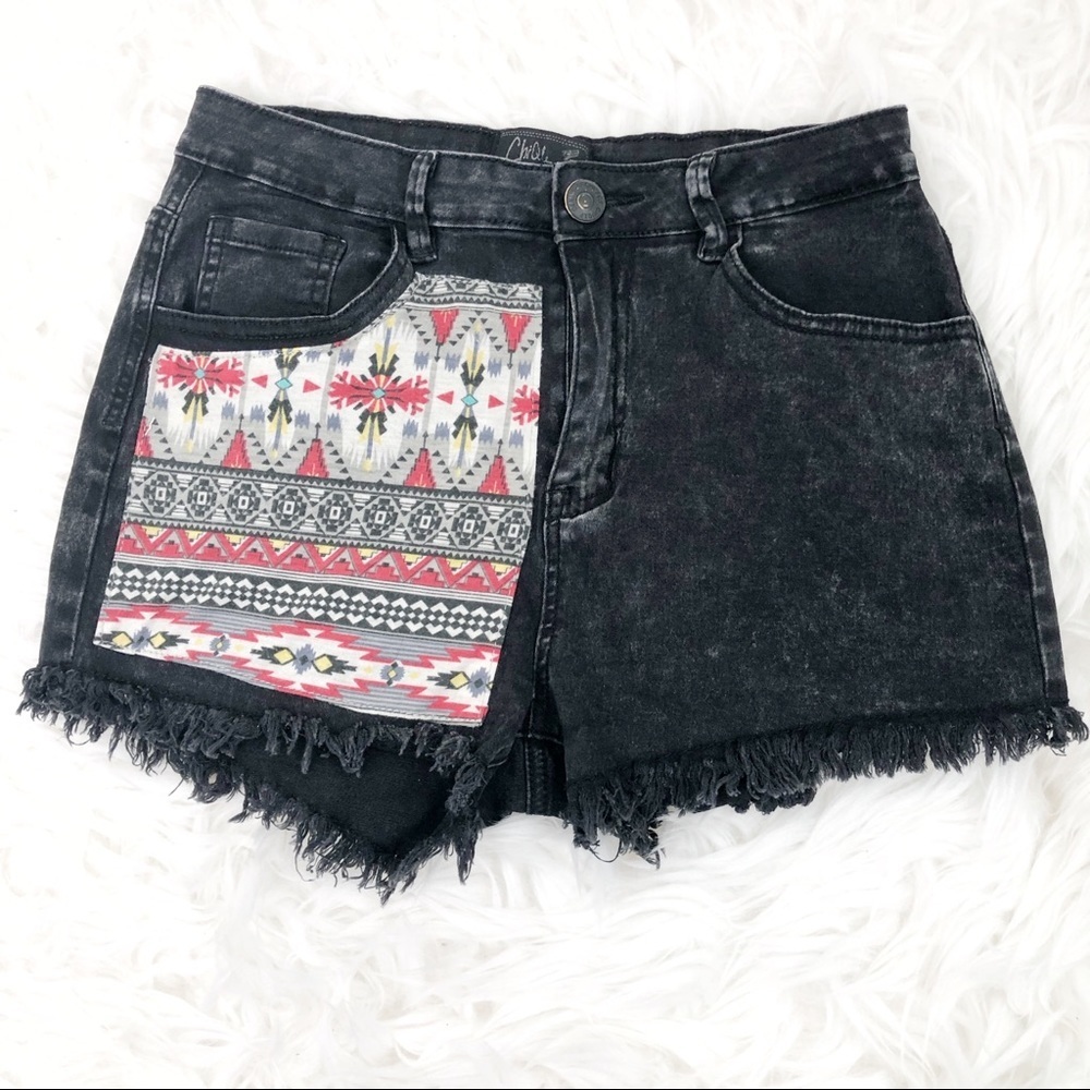 Chi Ole Black High Waisted Aztec Denim Jean Shorts